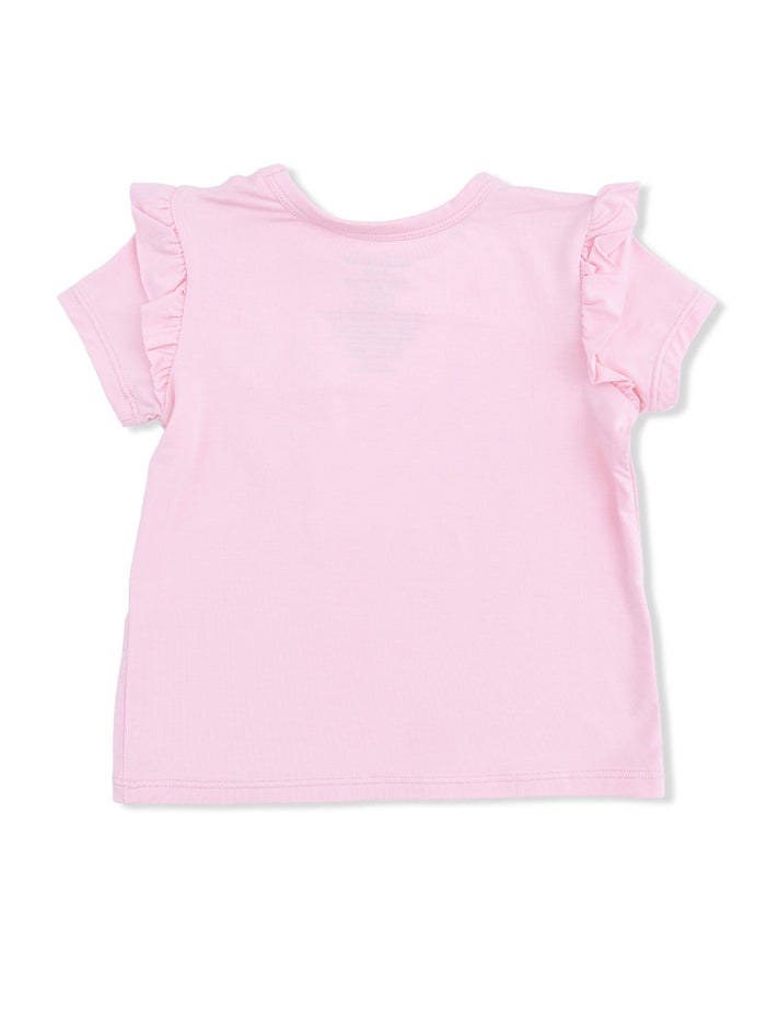 Light pink girls' t-shirt with ruffled sleeves, view of the back.