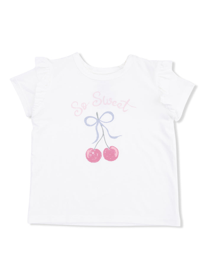 White t-shirt with ruffled sleeves, featuring the text "So Sweet" and a graphic of two cherries.
