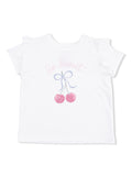 White t-shirt with ruffled sleeves, featuring the text "So Sweet" and a graphic of two cherries.