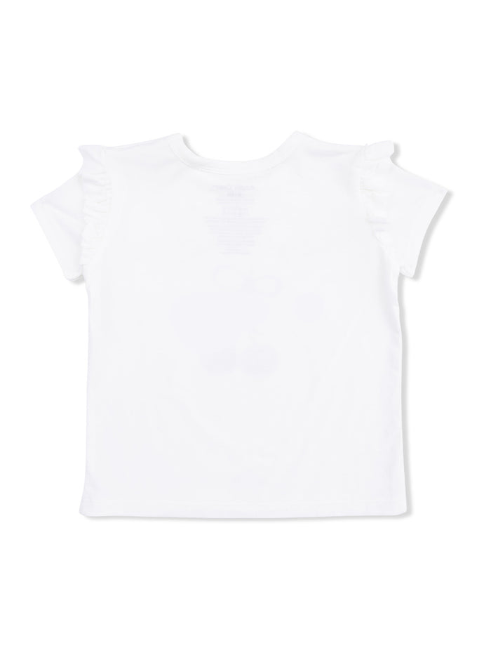White short-sleeve shirt with ruffled sleeves, displayed from the back.