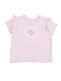 Light pink ruffle-sleeve t-shirt featuring a heart design with the text "Yee Haw" in blue.