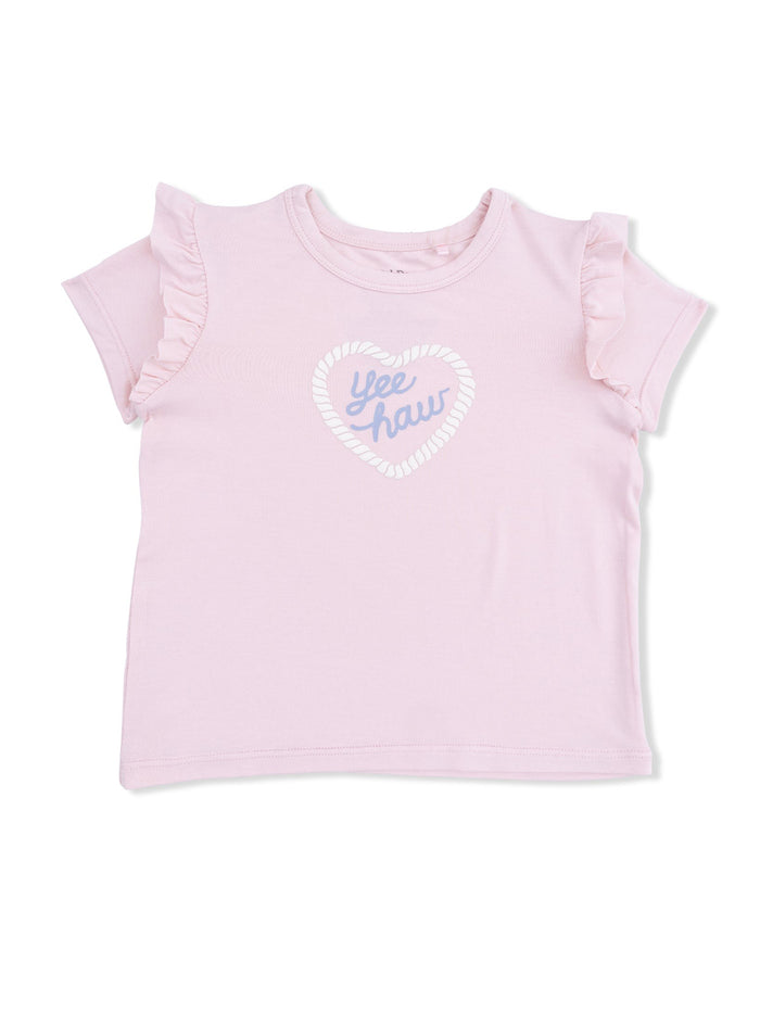 Light pink ruffle-sleeve t-shirt featuring a heart design with the text "Yee Haw" in blue.