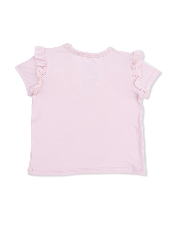 Pink short-sleeve t-shirt with ruffled sleeves, viewed from the back.