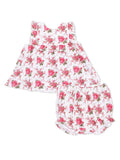 Floral toddler outfit set featuring a ruffled top and matching shorts in pink and white.