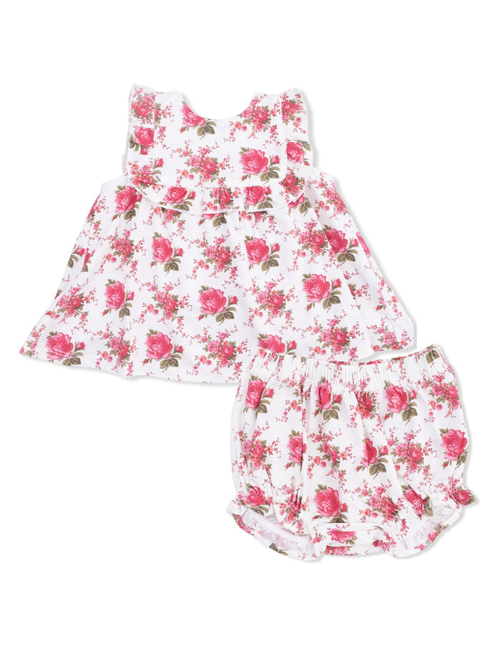 Floral toddler outfit set featuring a ruffled top and matching shorts in pink and white.
