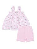 Pink floral sleeveless top with ruffled straps and matching pink shorts for girls.