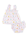 Floral baby outfit featuring a ruffled top and matching bloomers in pastel colors. Perfect for warm weather.