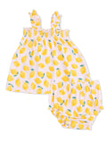 Toddler outfit featuring a lemon print top with ruffled straps and matching bloomers.