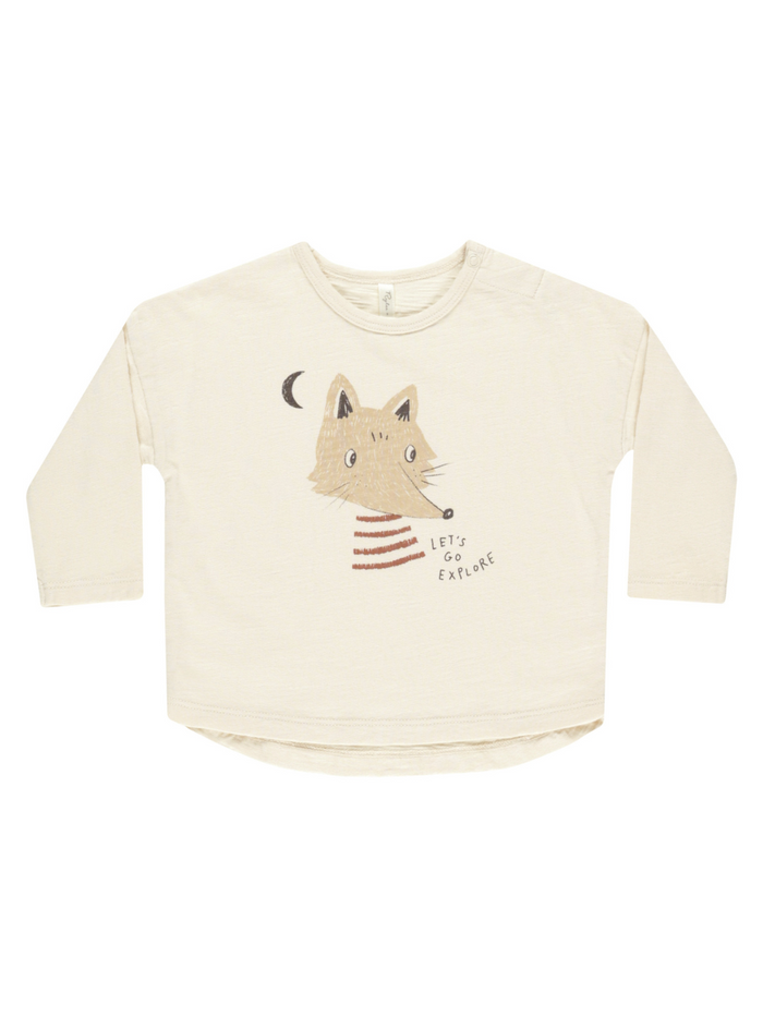 Cream long-sleeve shirt featuring a whimsical fox graphic with the text "Let's Go Explore."