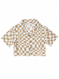 Brown and white checkered short-sleeve button-up shirt with a collar and cropped cut.