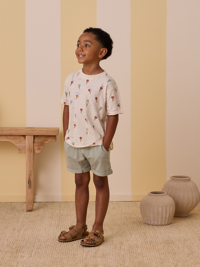 Smiling boy in ice cream print shirt and shorts, standing against a pastel striped wall with decorative vases.