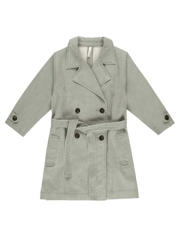 Light grey double-breasted coat with a tie belt and button details, featuring long sleeves and two front pockets.