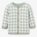 Light green and white checkered cardigan with wooden buttons and round neckline. Ideal for casual wear.