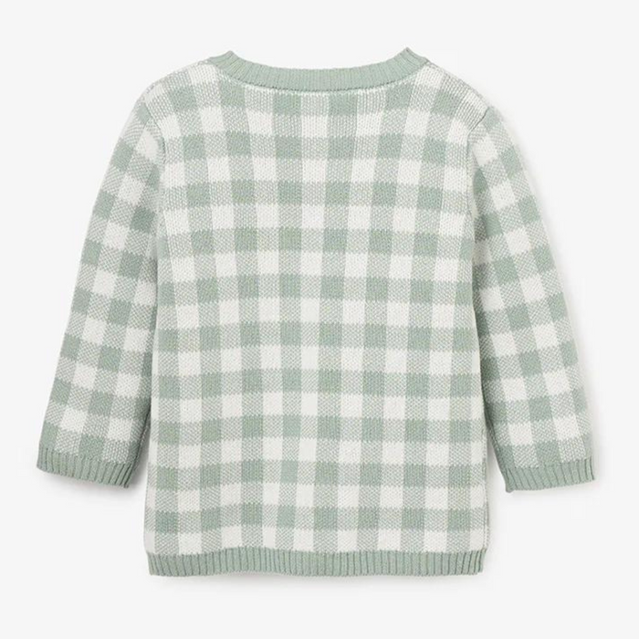 Light green and white checkered sweater, viewed from the back, featuring long sleeves and a rounded neckline.