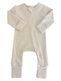 Striped infant onesie with long sleeves and a front zipper closure. Ideal for comfortable sleep and play.