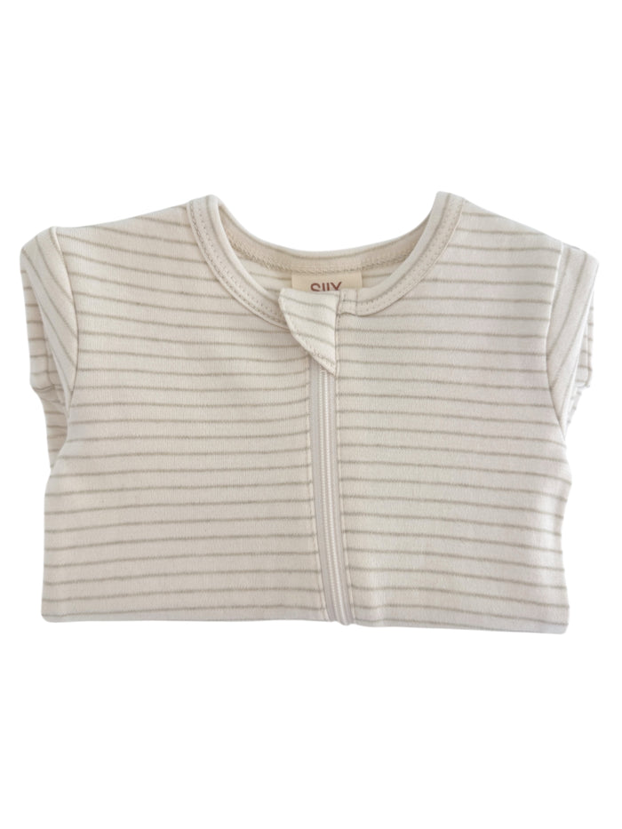 Lightly striped infant onesie with snap closure, folded neatly on a white background. Cozy and stylish babywear.