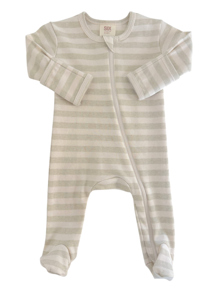 Light gray and white striped baby onesie with long sleeves and a front zipper closure.