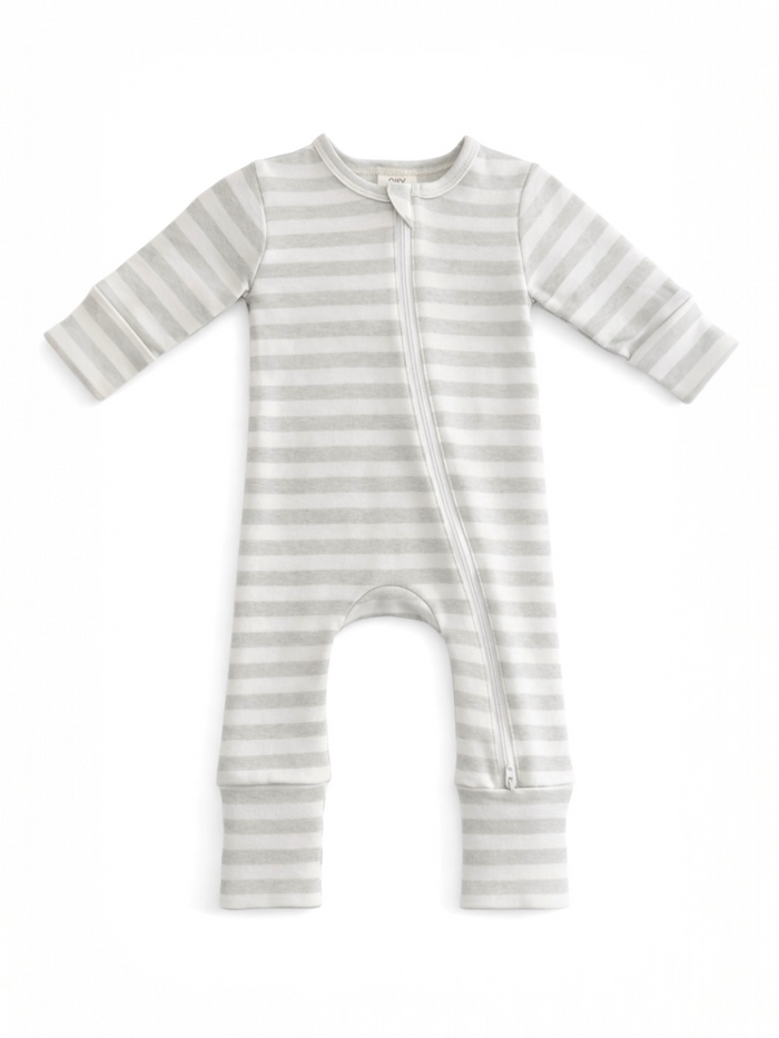 Gray striped baby onesie with long sleeves and a front zipper. Soft and comfortable for infants.