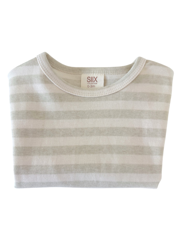 Striped baby shirt folded neatly, size 0-3 months, featuring soft cotton fabric in light colors.