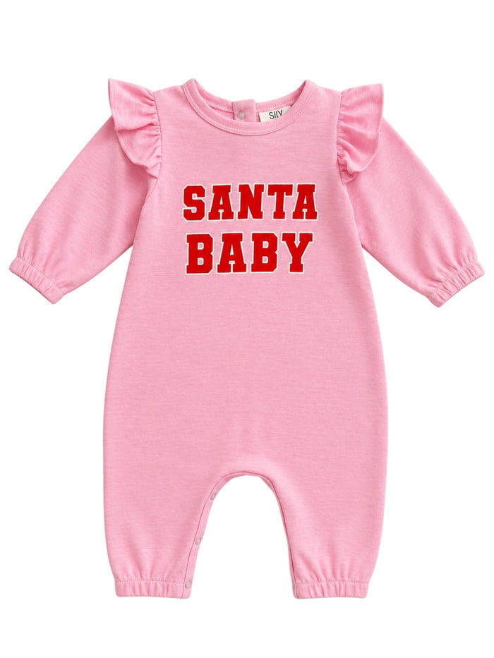 Pink baby romper with ruffled sleeves featuring "SANTA BABY" in bold red letters. Perfect for festive occasions.