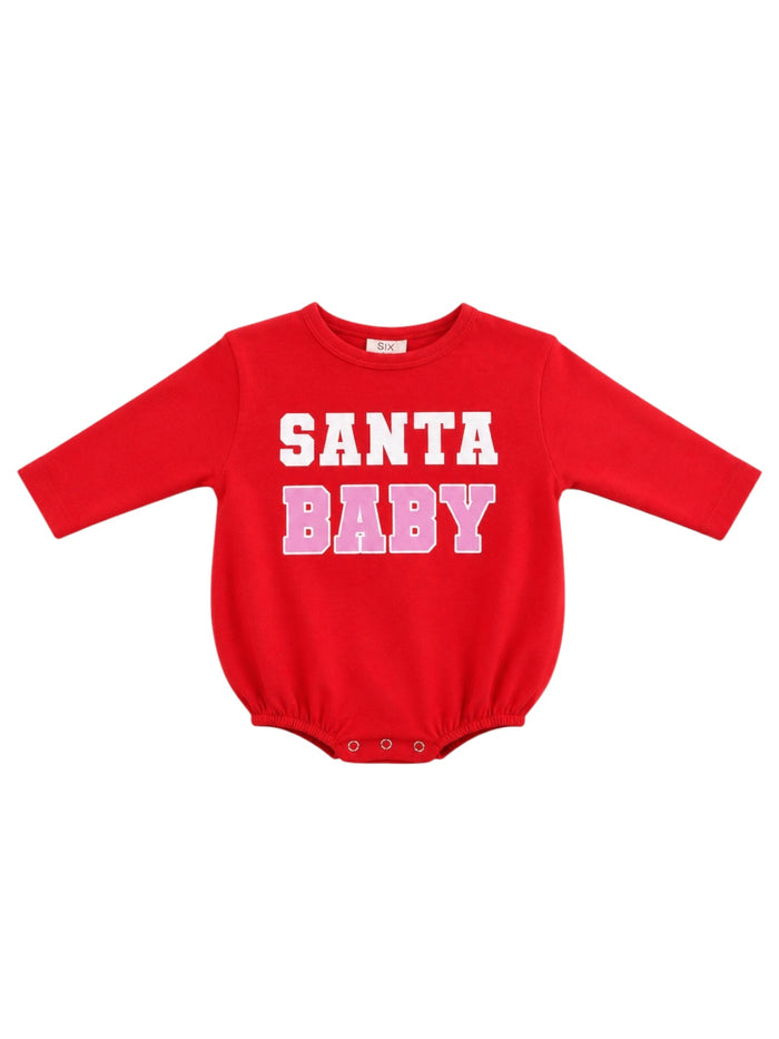 Red baby bodysuit with "SANTA BABY" printed in bold white and pink letters.