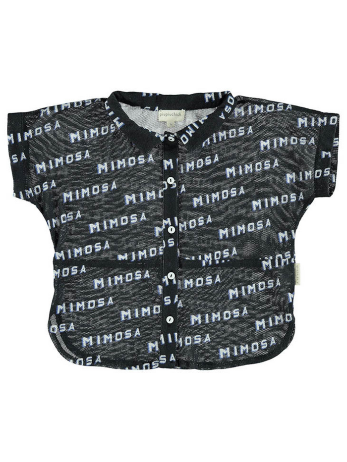 Black shirt featuring the word "Mimosa" in a repeated pattern, with buttons down the front and short sleeves.