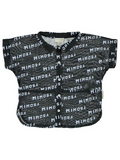 Black shirt featuring the word "Mimosa" in a repeated pattern, with buttons down the front and short sleeves.