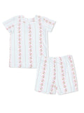 Light blue kids' pajama set with floral stripes, featuring a short-sleeve shirt and matching shorts.