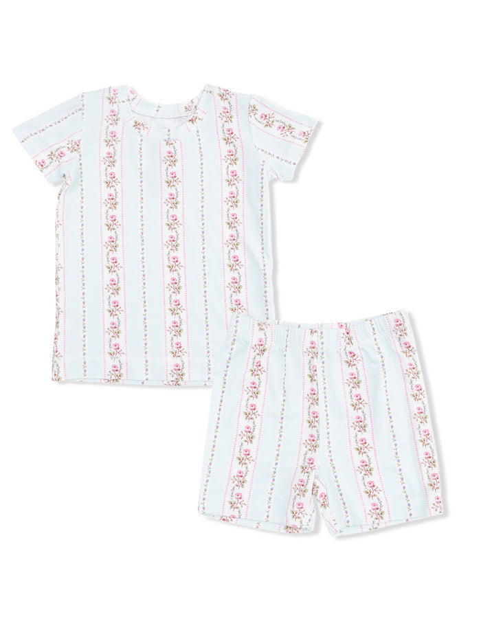 Light blue kids' pajama set with floral stripes, featuring a short-sleeve shirt and matching shorts.