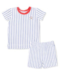 Blue and white striped children's pajamas with red collar and bat and ball patch.