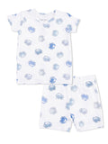 Children's short-sleeve pajama set with white fabric and blue crab prints. Includes a t-shirt and shorts.