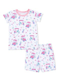 Kids' golf-themed pajama set featuring a short-sleeve shirt and shorts with colorful golf cart graphics.