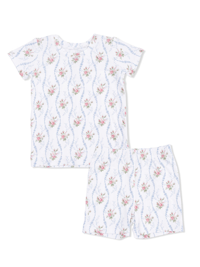 Floral-patterned children's pajama set, featuring a short-sleeve top and elastic waistband shorts.
