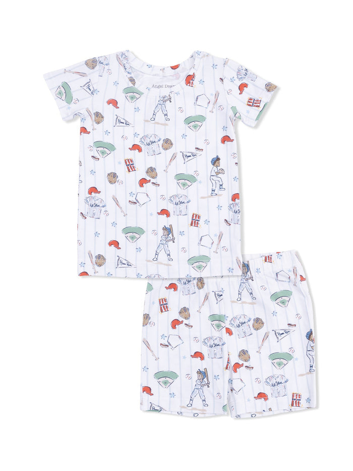 Kids' baseball-themed pajama set featuring short sleeves and shorts with playful graphics of sports equipment.