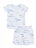 Light blue kids' pajamas featuring various fish illustrations in soft colors. Short-sleeve top and shorts.