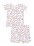 Children's pajama set featuring a short-sleeve top and shorts with a colorful floral pattern.