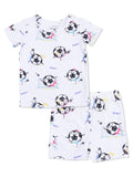 Kids' soccer-themed pajama set featuring playful illustrations of soccer balls and characters.