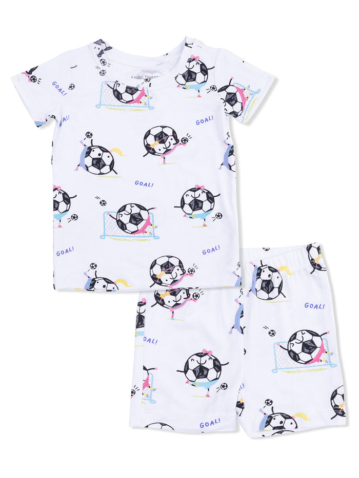Kids' soccer-themed pajama set featuring playful illustrations of soccer balls and characters.
