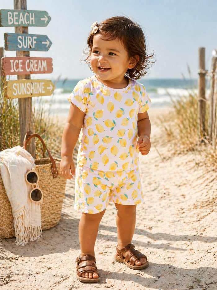 Smiling toddler in lemon-patterned outfit stands on the beach near wooden signs for ice cream, surf, and sunshine.