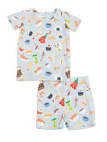 Light blue kids' pajamas featuring cute food patterns like sushi, shrimp, and sauces. Short-sleeve top and shorts design.