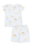 Baby pajamas set featuring playful duck illustrations on a light blue gingham background.