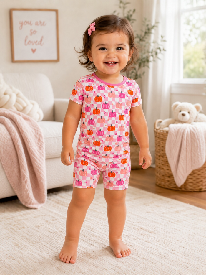 Smiling toddler in pumpkin-patterned outfit stands in a cozy room with soft textures and a cute bear toy nearby.