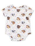 Short-sleeve baby bodysuit with a farm animal print featuring cows, horses, and other livestock in a playful design.