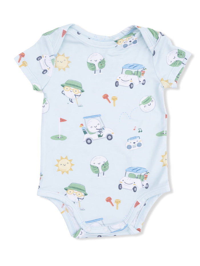 Light blue baby onesie with playful illustrations of suns, golf balls, and cars. Ideal for casual toddler wear.