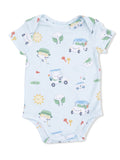 Light blue baby onesie with playful illustrations of suns, golf balls, and cars. Ideal for casual toddler wear.