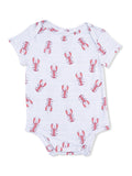 White striped baby onesie featuring a playful lobster print in red and pink tones.
