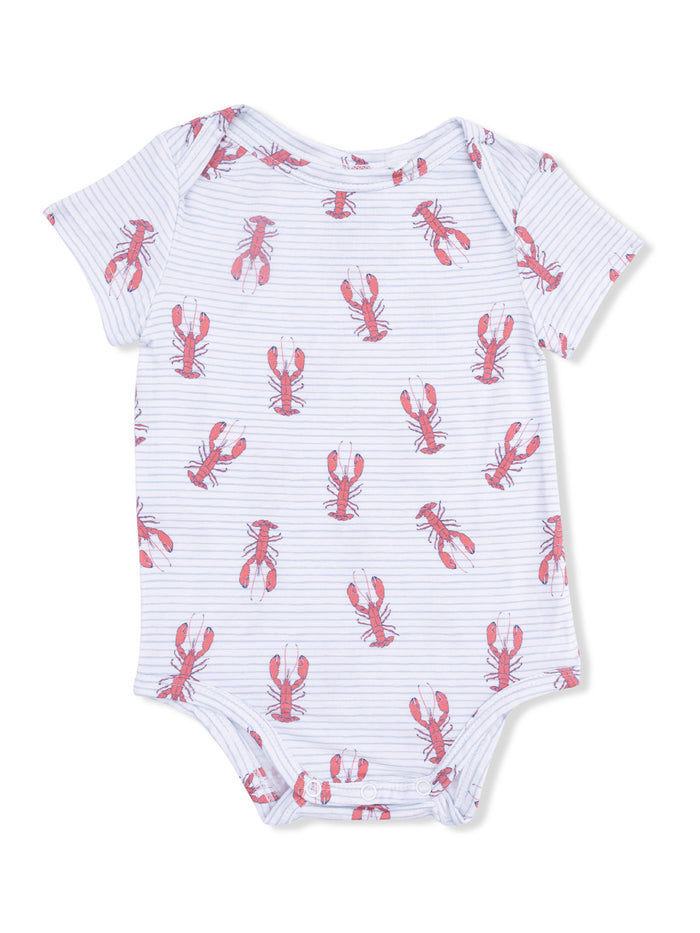 White striped baby onesie featuring a playful lobster print in red and pink tones.