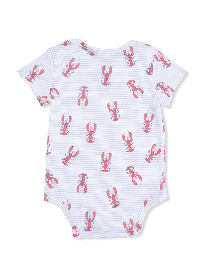 Back view of a striped baby onesie featuring a lobster print in red and pink tones.