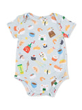 Light blue baby onesie with colorful sushi and food print, featuring adorable animal designs and cheerful motifs.