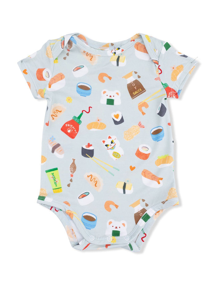 Light blue baby onesie with colorful sushi and food print, featuring adorable animal designs and cheerful motifs.